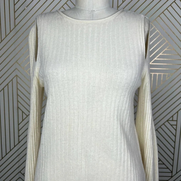 Vince Ribbed Cutout Shoulder Slit Cashmere Sweater Cream Ivory Size US Medium - Picture 4 of 12